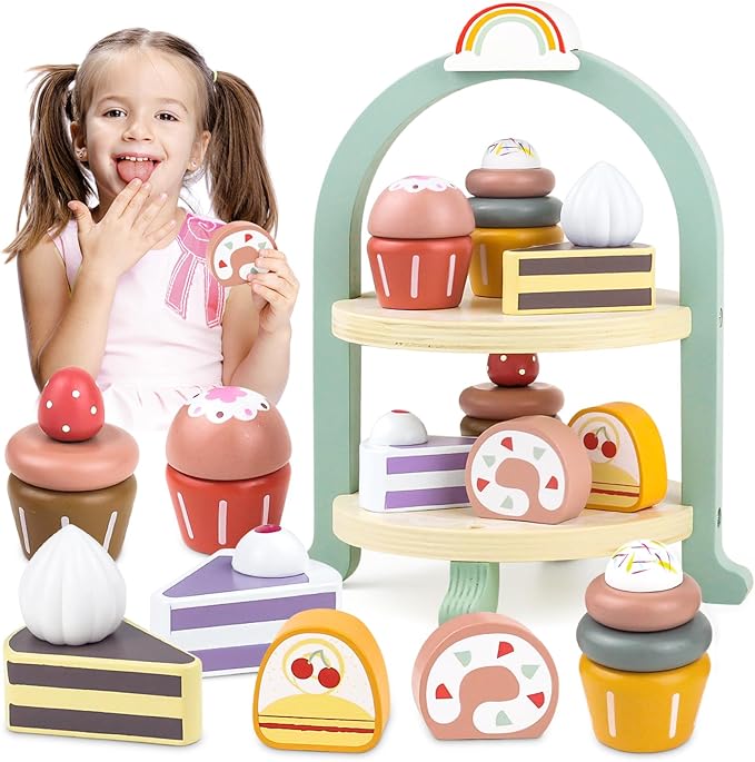 Wooden Cake Toys Tea Party Set, Desserts Food Toy with Cupcake Stand, Kids Pretend Play Kitchen Accessories, Wooden Play Food Set Toy Baking Gift for 3 4 5 Years Old Girls Boys