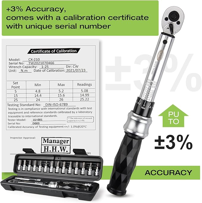 Bike Torque Wrench Set 1/4" Drive Click 1-25 Nm - Bicycle Maintenance Tool Kit for Road/Mountain Bikes - Includes Allen, Torx, Philip, Extended H5 Socket Bit Repair Set, Extension Bar & Storage Box