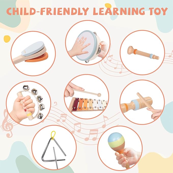 Baby Musical Instruments Set - Montessori Wooden 18 Month Old Baby Musical Toys, Toddler Percussion Instruments Xylophone Maracas Tambourine for Toddlers 1-3, Christmas stocking stuffers Gift for kids
