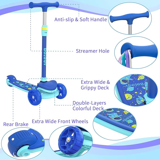 BELEEV A8 Scooter for Kids Ages 3-12, 3 Wheel Folding Scooter for Toddlers Girls Boys, LED Light-Up Wheels, 4 Adjustable Height, Lean to Steer, Extra Wide Wheels, Three Wheel Kick Scooter for Children