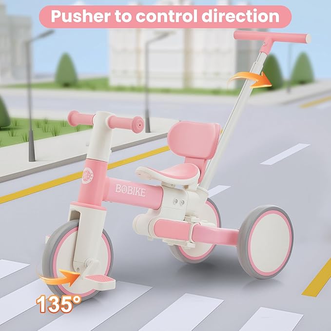 5-in-1 Tricycle for Toddlers 18 Months to 5 Years Old, Toddler Bike, Kids Tricycle with Push Handle and Backrest, Toddler Balance Bike with Easy Assembly for Boys and Girls.(Pink)