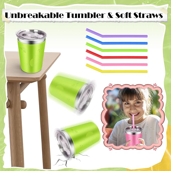 ShineMe Toddler Cups 6 pack, 12oz Stainless Steel Kids Cups Spill Proof, Unbreakable Toddler Sippy Cup With Soft Straws/Airtight Sliding Lids/Colorful Cute Silicone Sleeves, Indoor and Outdoot Use