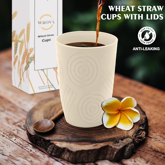 Wheat Straw Cups with Silicone Covers 16oz Set of 6 - Alternative Plastic Cups Microwave & Dishwasher Safe - Plastic Drinking Cups Unbreakable for Kids - Beige