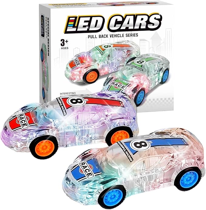 LED Light Up Pull Back Car Toys, Push and Go Race Car 2 Pack，Suitable for Toddlers 3 4 5 6 7 8 Year Old Kids for Boys and Girls Birthday Party Gift