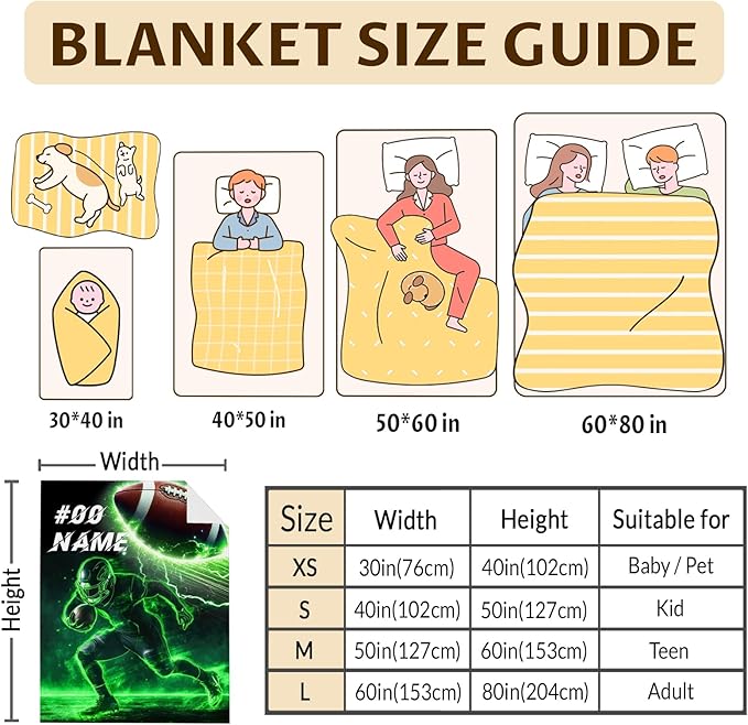 Custom Football Blanket, Custom Gift for Boys with Name, 40 x 30 Inches Soft Fuzzy Blanket for Kids 2-5, Cool Warm Flannel Throw Blanket for Sofa Room Decor, Travel, Chair