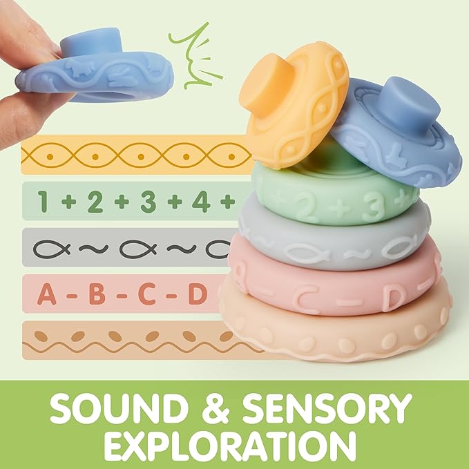JOYIN Baby Toys - Montessori Toys for Babies, Food-Grade Sensory Present Infant Stacking Circles Teether, Blocks, 3D Stress Balls, Pull String, Learning Gifts for Baby Girls Boys