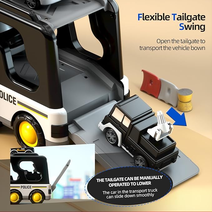 5 in 1 Police Trucks Cars Toys for Toddlers 3-5, Boy Toddler Car Truck Toys with Light Sound, Birthday Gifts Toys for 3 4 5 6 Year Old Boy, Transport Carrier Truck for Toddlers 3-5 Years
