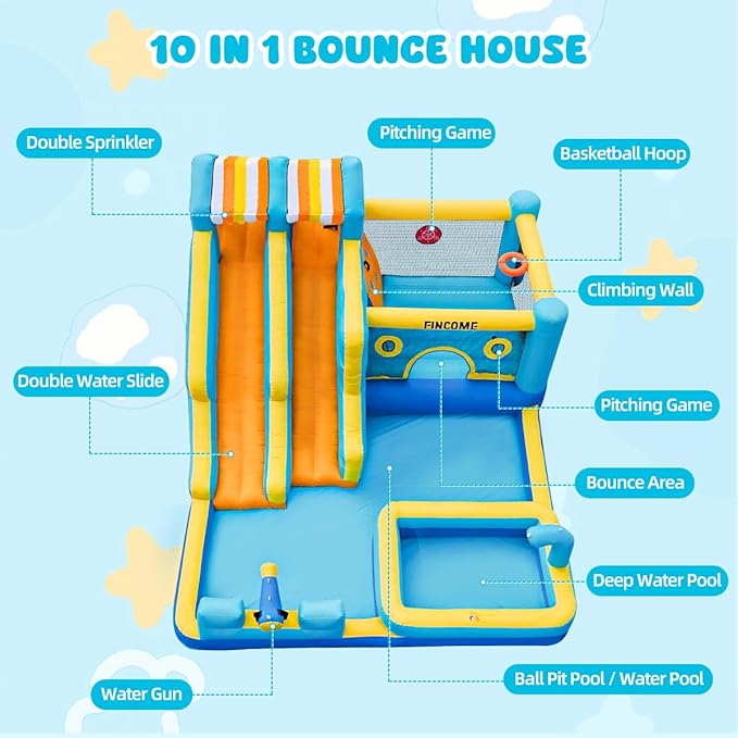Inflatable Bounce House, 10 in 1 Double Water Slide Bounce House with 750W Blower, Climbing Wall, Jumping, Water Gun, Splash Pool, Basketball Hoop for Kids Indoor Outdoor Backyard