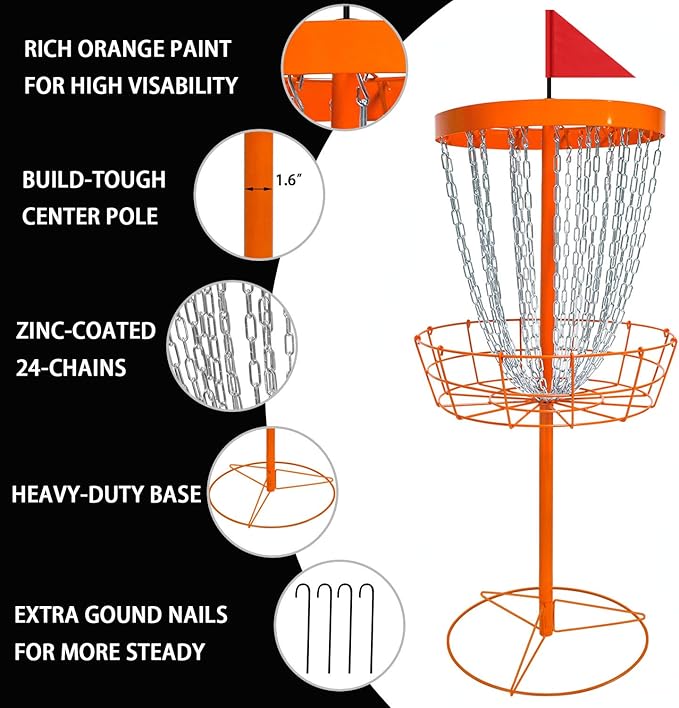 Disc Golf Basket - Portable Disc Golf Target with Heavy Duty 24-Chains Come with 6pcs Disc Golf Discs and Carry Bag, Ground Stake -Suitable for Players of All Levels - Multi Color Available