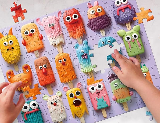 100 Piece Donuts Jigsaw Puzzle for Kids Teens Age 4-8 Gift Family Time Unique Shapes Cute Monsters Puzzle (Popsicle Monsters)