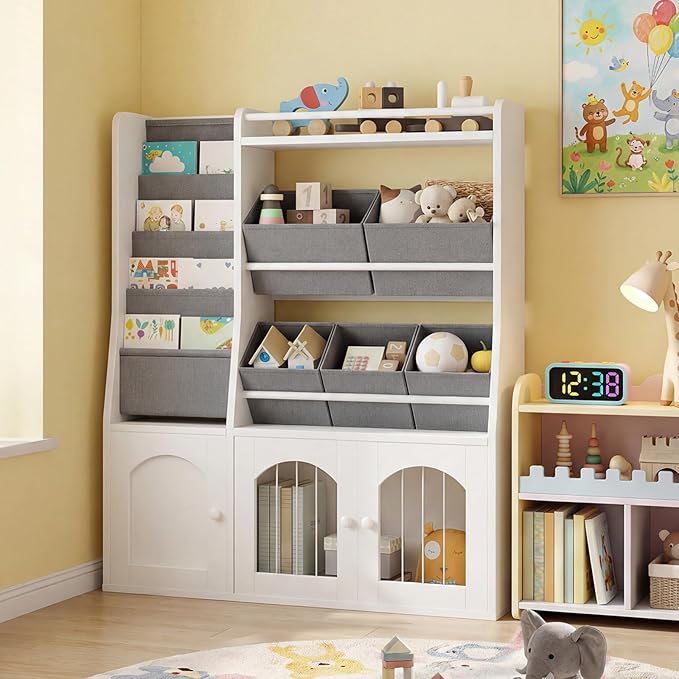 Toy Storage Organizer, Kids Toy Storage with 5 Fabric Drawers and 5-Tier Hanging Bookshelf, Elastic Doors and Guardrail, Bookcase for Bedroom, Nursery, Classroom, White and Gray