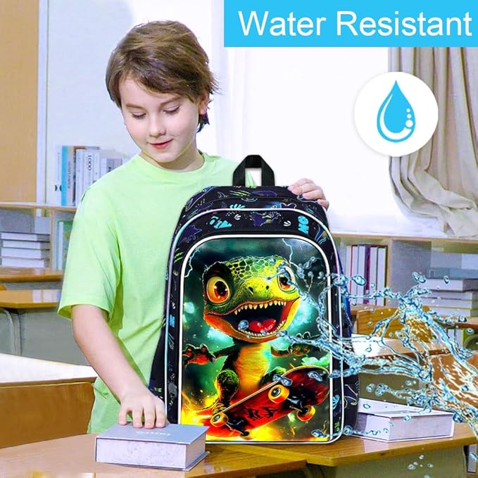 3Pcs Dinosaur Backpack for Boy, 16" Bookbag with Lunch Box, Kids School Backpacks for Elementary Preschool Kindergarten (Black)