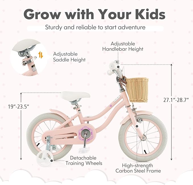 COSTWAY Kids Bike, 14 16 18 Inch Toddler Bike with Training Wheels, Basket, Adjustable Seat & Handlebar, Hand & Coaster Brakes, Bell, for Girl Boy Aged 3-8 Years Old