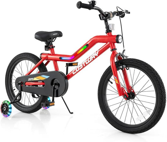 COSTWAY 16”/18” Lighted Kids Bike, Children Sport Bicycle with LED Light-up Frame, Adjustable Saddle, Training Wheels, Handbrake & Coaster Brake, Kids Riding Bike for 4-7/4-8 Years Old Boys & Girls