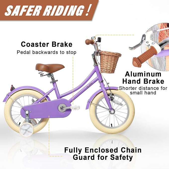 Glerc Little Molly 12-20 Inch Kids Retro Cruiser Bike for 2-13 Year Old with Wicker Basket & Training Wheels/Kickstand, Multiple Colors