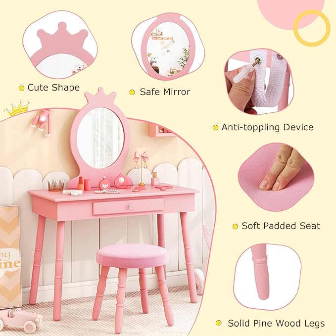 HONEY JOY Pink Crown Makeup Vanity, Includes Chair & Real Glass Mirror, Large Engineered Wood Kids' Vanity Set, Safe & Sturdy, Easy to Install & Clean, Pink