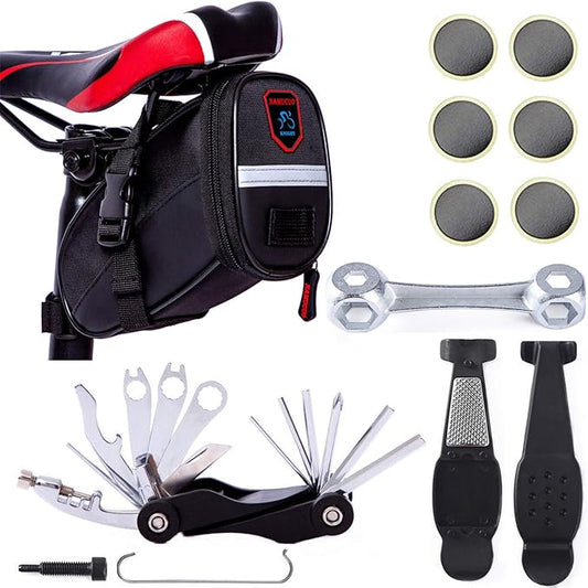 YBEKI 10-in-1 Bike Repair Kit with, 3-in-1 Tire Levers, Glueless Patches, Multifunctional Bone Wrench & Waterproof Saddle Bag | Compact Bicycle Multi-Tool Kit for Emergency Roadside Repairs