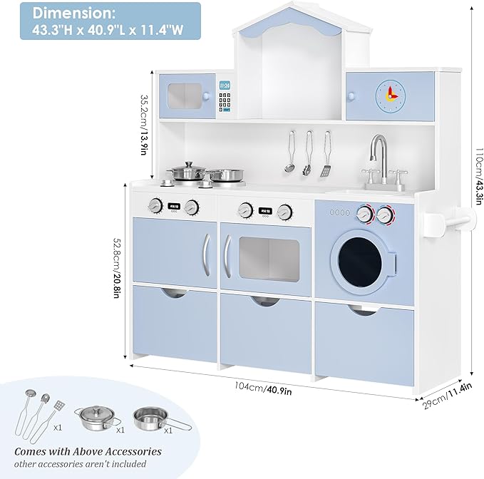 Keyluv Wooden Play Kitchen for Kids and Toddler, Montessori Toy Kitchen Playset with Plenty of Pretend Play Features and Storage Drawers, Gift for Boys and Girls, Blue
