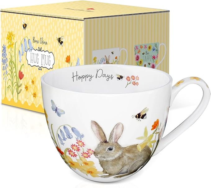 20 oz Rabbit Coffee Hug Mug, Spring Flowers & Happy Days Slogan, Premium Bone China Cute Bunny Mug, Perfect Birthday and Christmas Gift for Women, Designed in England by Harvest Green Studio