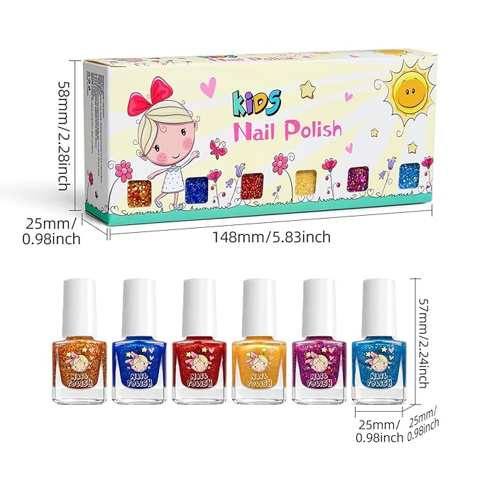 Washable Nail Set - 6-Color Kids Polish, Children Manicure with Odorless Formula, Party Beauty with Quick Dry, Girls Cosmetic Kit, Makeup Gift for Birthday Gathering Daily Use