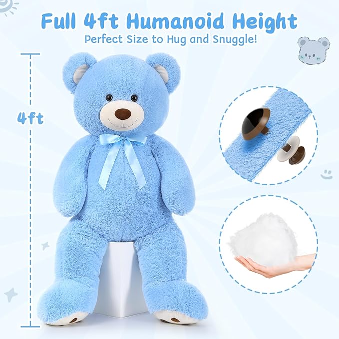 MorisMos 47inch Giant Teddy Bear Stuffed Animal 4ft, Big Teddy Bear Plush for Baby Shower, Life Size Stuffed Bear Gifts for Kids, Girls, Girlfriend, Women on Valentine, Christmas, Birthday（Blue）