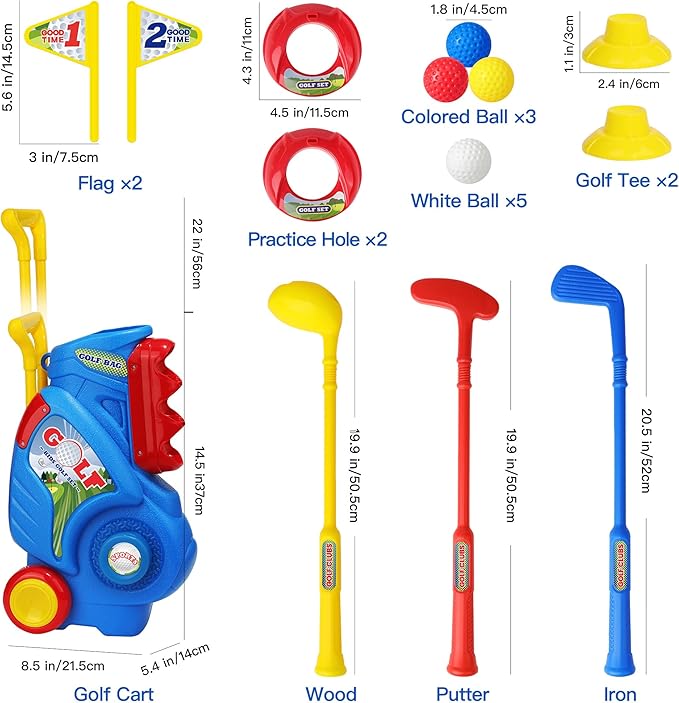 Toddler Golf Set for Boys Girls 2 3 4 5 Years Old, Upgraded Kids Golf Cart with 3 Clubs & 8 Balls, Outdoor Indoor Sports Christmas Toys Birthday Gift, Blue