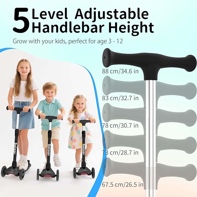 BELEEV Scooters for Kids 3 Wheel Kick Scooter for Toddlers Girls Boys, 4 Adjustable Height, Lean to Steer, Light up Wheels, Extra-Wide Deck, Easy to Assemble for Children Ages 3-12 (Rose Pink)