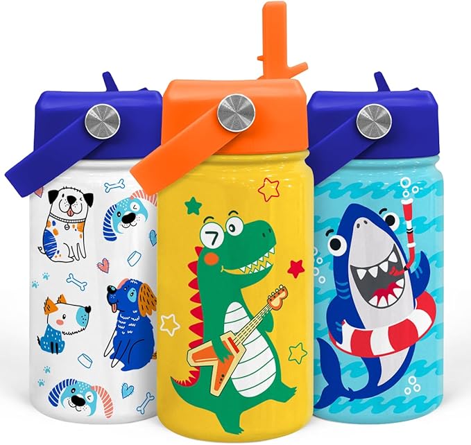 Dinosaurs Water Bottle - Dino Kids Water Bottle with Straw Lid - 12 Oz Insulated Stainless Steel Water Bottles for Kid Boys - Travel Cup for School Sports