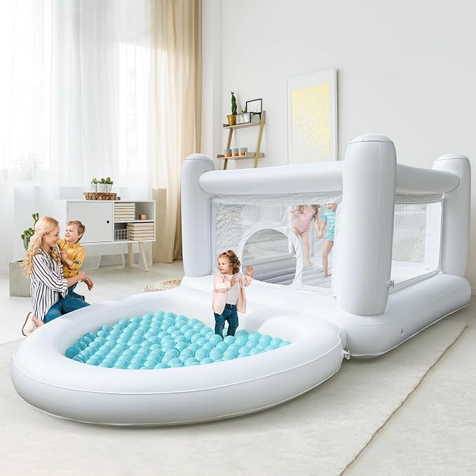 Bounce House with Ball Pit for Kids Age 3-6 Indoor Inflatable Bouncer Waterproof and Durable Material Outdoor White Bouncy Castle for 3 Toddlers with Electric Pump-Built to Last & Safety
