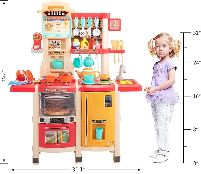 Large Kids Kitchen Play Set,Interactive Kids Kitchen playset with 65Pcs of Pretend Play Kitchen Accessories,Play Toy Kitchen for Toddlers with Realistic Sound Effects,Pink