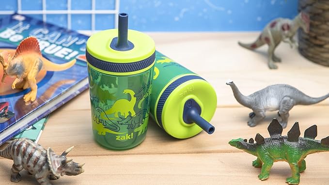 Zak Designs Dino Camo Kelso Tumbler 3pc Set, Leak-Proof Screw-On Lid with Straw, Bundle for Kids Includes Plastic and Stainless Steel Cups with Additional Sipper