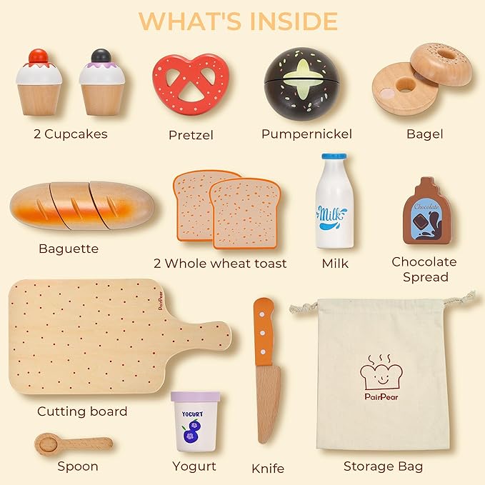 PairPear Wooden Bakery Toy Food Playset for Kids Kitchen, 22 PCS Play Food Kitchen Toys for Toddler 3+, Play Kitchen Accessories with Shopping Bag, Cutting Food Toys Gift for Boys and Girls