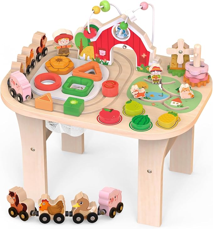 Kids Wooden Farm Activity Table for 1 2 3 Years Old, Montessori Learning Toy with Bead Maze, Shape Sorter & Animal Train, Sensory Development Toy for Toddlers, Educational Gift for Baby Boys Girls 1+