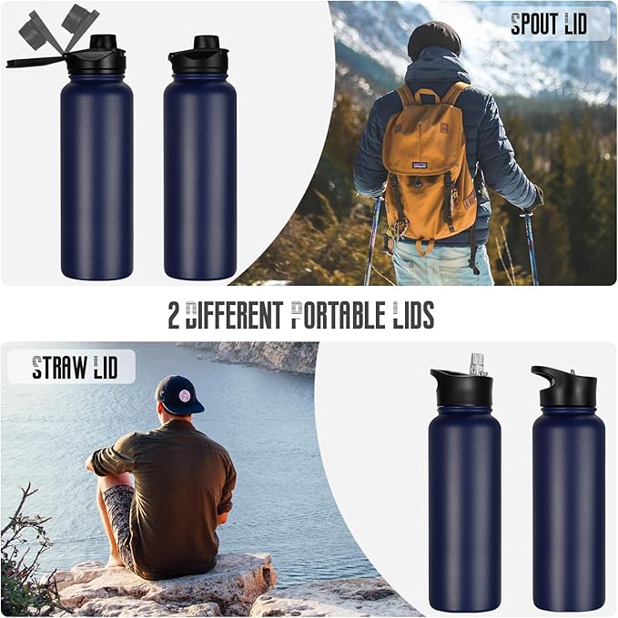 40 oz Insulated Water Bottle with Straw, Stainless Steel Sports Water Bottles with 2 Lids (Straw and Wide Mouth lid), Double Wall Vacuum, Leakproof, BPA-Free, Blue