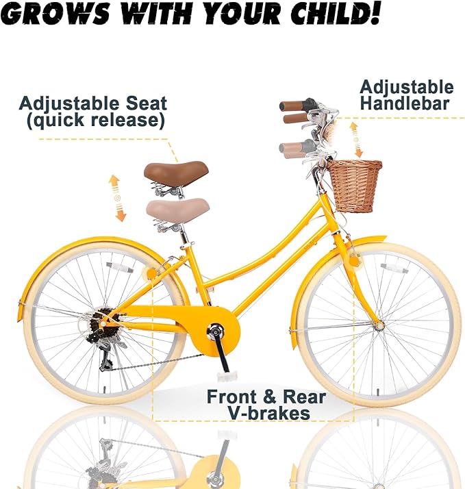 Glerc 20 24 26 Inch Beach Cruiser Bike, 6-Speed Hybrid City Bicycle for Girls Youth and Over 6 Years Old, Missy Bike with Wicker Basket & Lightweight, Multiple Colors