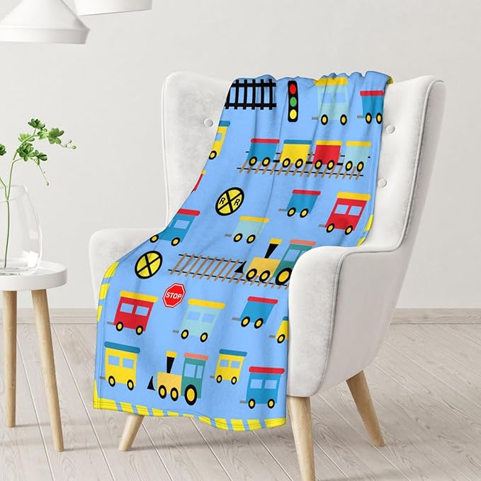 Train Gifts for Teen Boys 10-12 - Plush Fluffy Train Blanket - 50"x60" Inches Throw Size - Light Blue Cartoon Blankets