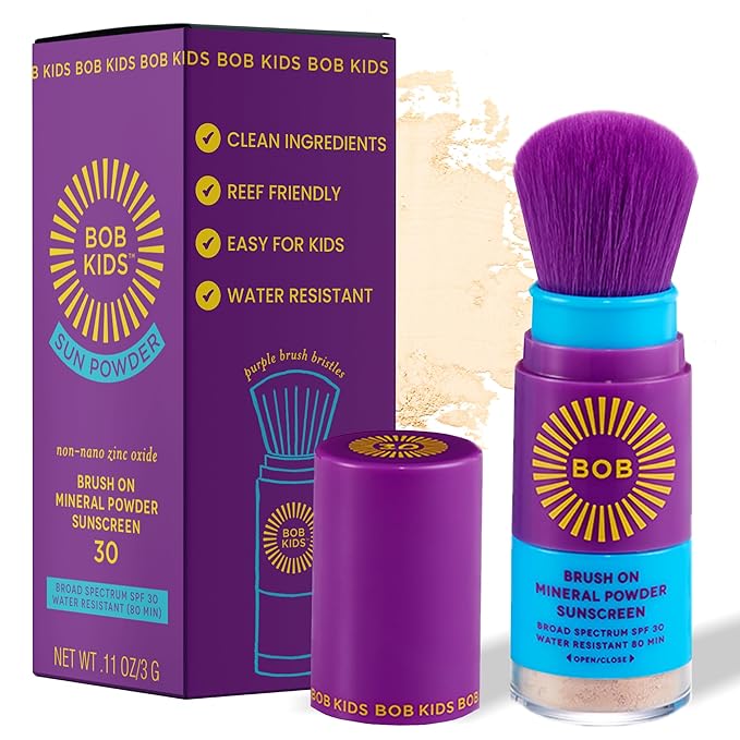 BOB KIDS SPF 30 Brush On Mineral Powder Sunscreen, Broad Spectrum Protection, Water Resistant 80 Mins, Fragrance Free, Easy to Apply for Kids & Babies, Mfg in USA