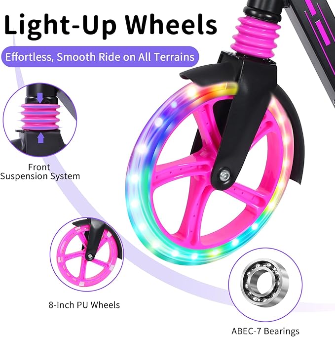 BELEEV V5 Plus Scooters for Kids Ages 6+, Teens with Light-Up Wheels & Deck, 2 Wheel Folding Lightweight Sport Scooter with 4 Adjustable Height, 8-inch Big Wheels, Carry Strap, Max Load 220 lbs