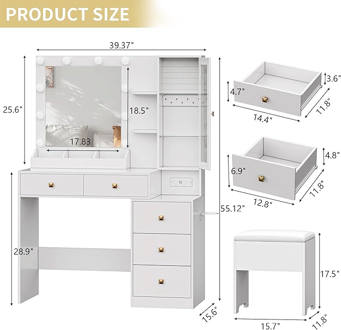 Vanity Desk with Mirror and Lights,Makeup Table with Charging Station & RGB Storage Cabinet,Large Drawer & Storage Shelves,5 Drawer,Bedroom Dressing Table, White