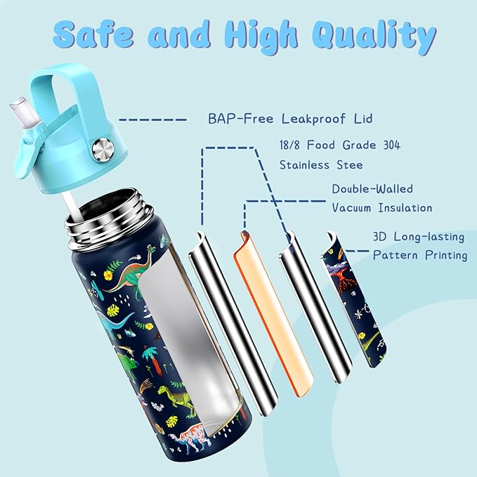 18oz Kids Insulated Water Bottle with Straw Lid - 18/8 Stainless Steel Kid Cup BPA-FREE Travel Tumbler Double Wall Vacuum Leak Proof Portable Toddler Water Bottle (Dinosaur)