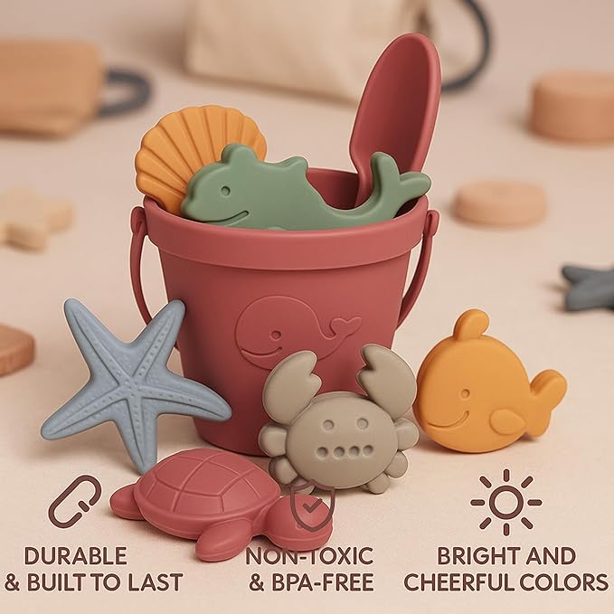 Silicone Beach Toys for Toddlers, Travel Friendly Sand Toys for Babies 6-12 Months, Collapsible Beach Bucket and Shovel Set with 6 Sand Molds for Kids, Family（Pink）