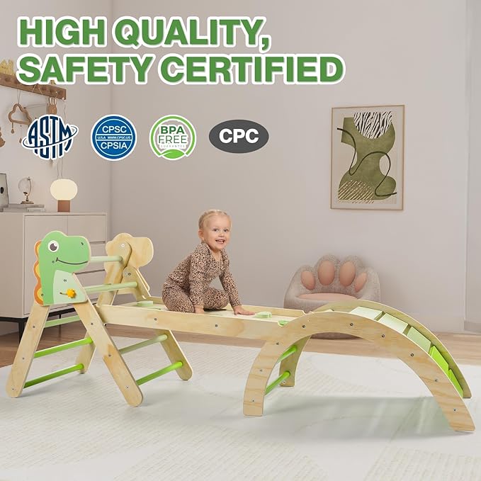 Pikler Triangle Set with Cushion, 7 in 1 Toddler Climbing Toys Indoor, Montessori Foldable Set, Wooden Climbing Toys for Toddlers Inside with Ramp, Arch and Ladder (Dinosaur)