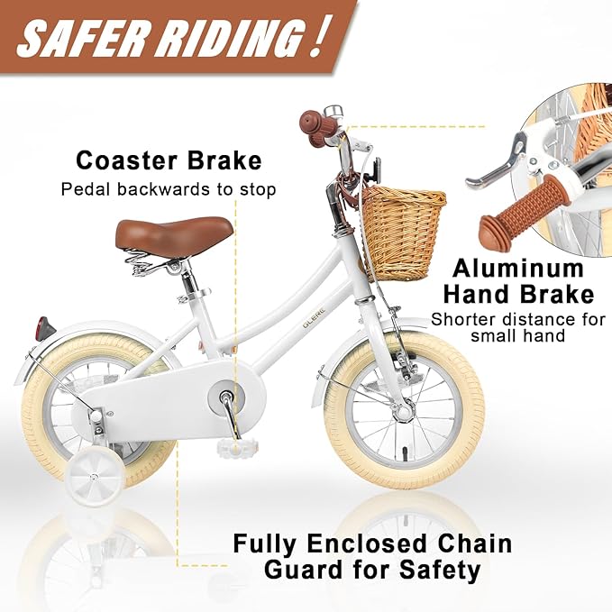 Glerc Little Molly 12-20 Inch Kids Retro Cruiser Bike for 2-13 Year Old with Wicker Basket & Training Wheels/Kickstand, Multiple Colors