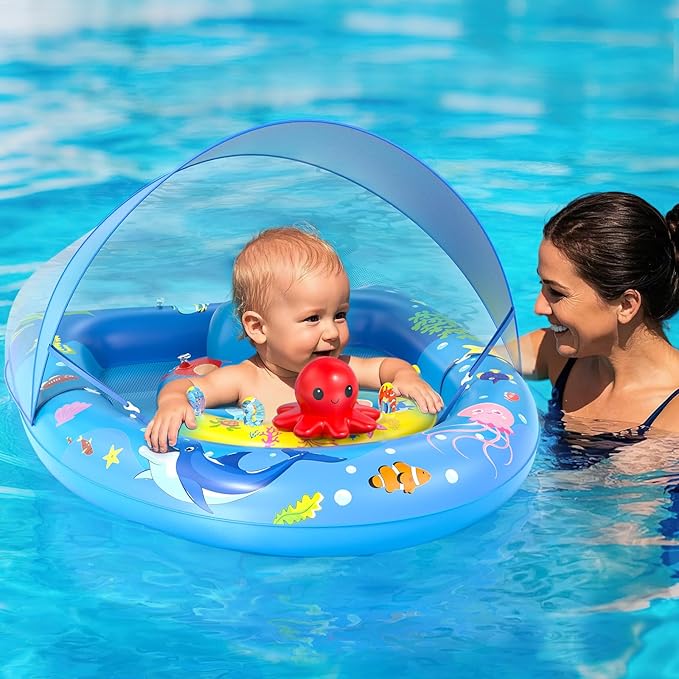 Sunrad Baby Pool Float with Canopy UPF50+ Sun Protection, Inflatable Baby Swim Float with Toy Play Console & Adjustable Safety Seat, Toddler Infant Pool Floaties for 6-36 Months