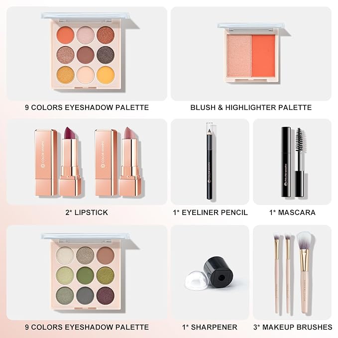 Color Nymph All In One Makeup Kit For Teens Girls | Starter Make up Set With Cosmetics Bag | Included Eyeshadow Blush Lipstick Lip Pencil Eye Pencil Brush Mascara | Travel Makeup Bag Design（ White ）