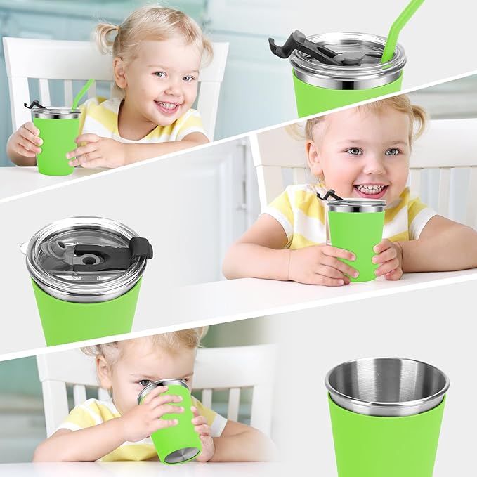 Kids Cups with Straws and Lids Leak Proof, 12oz Sippy Cups for Toddlers 1-3, 2 Pack Spill Proof Cup Stainless Steel Kids Cups with Lids for School, Outdoor (Orange & Green)