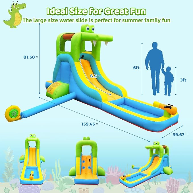 Inflatable Water Slide - Crocodile Theme Bounce House Water Park with Blower, Climbing Wall, Splash Pool, Water Cannon, Blow up Toddler Waterslide for Kids and Adults Backyard, Green