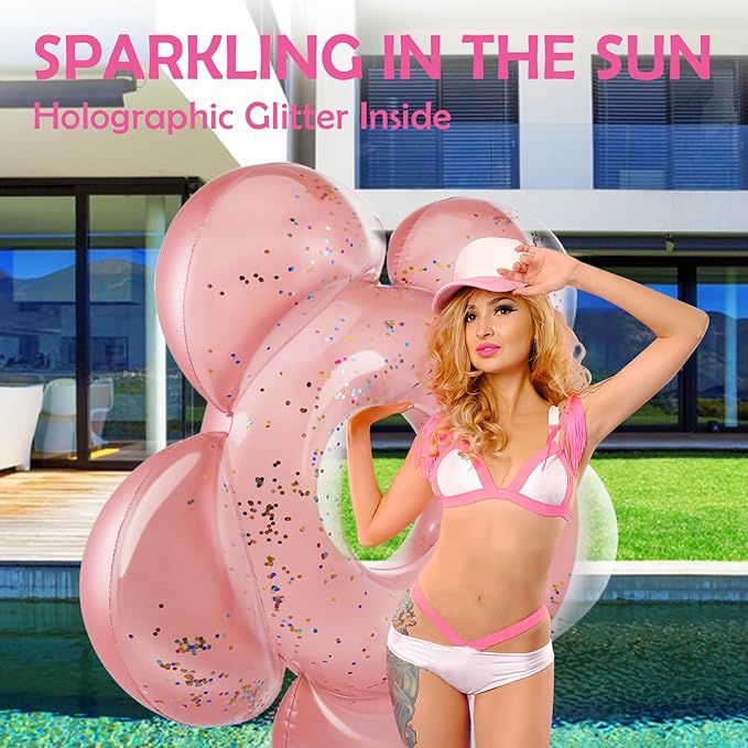 HeySplash Pool Floats for Adults, Large Floats Inflatable Floatie Loungers with Glitter, Swim Tube River Lake Wedding Bride Engagement Party Decor Toy Raft, Flower Bachelorette Fun Decor, Rose Gold