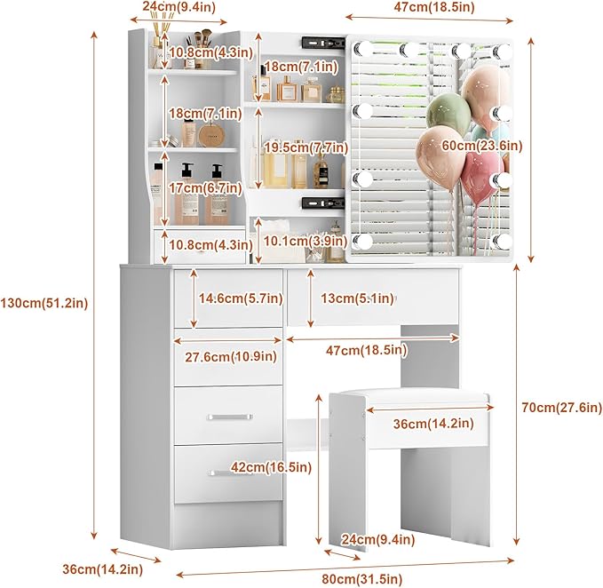 Vanity Desk with Sliding Mirror and Lights, White Vanity Set with Lighted Mirror and Stool, 3-Color Adjustable Brightness Lights, USB Port, Drawers, Makeup Vanity for Bedroom, Girls & Women Gifts