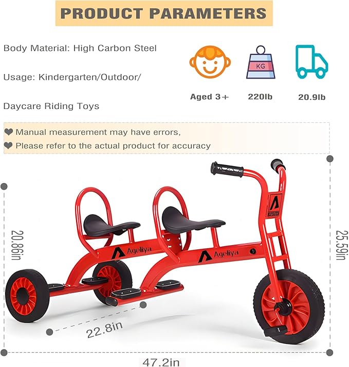 Tandem Tricycles for Kids 5-7 Year Olds, 2 Seater Preschool Pedal Kids' Trike with Solid Rubber Tires & Sturdy Metal Frame, Elementary School Daycare Kindergarten Outdoor Playground Equipment